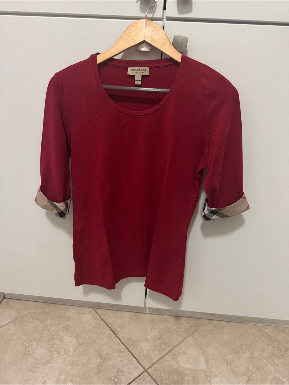 Burberry Women's Burgundy Crewneck Top with Check Cuff